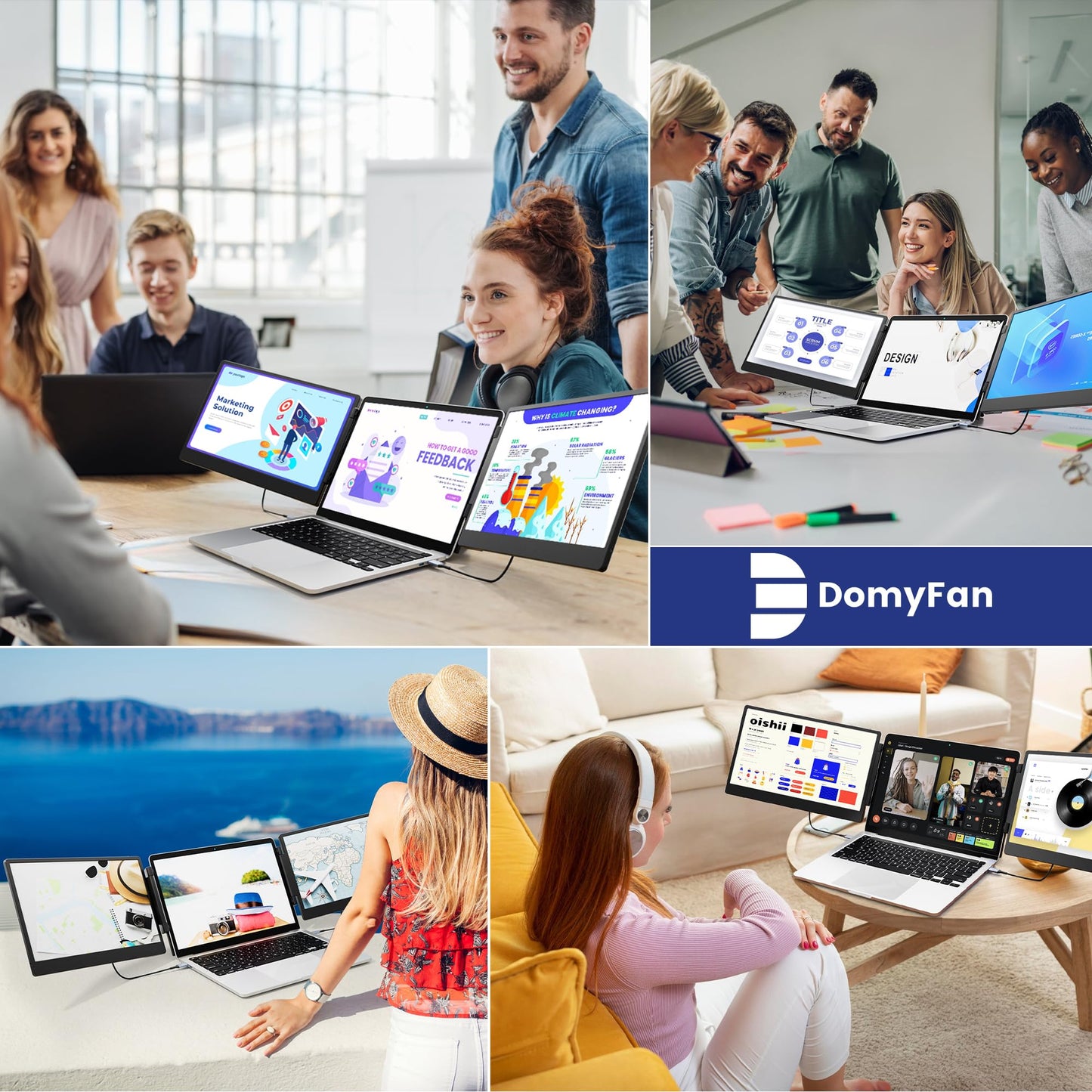 domyfan 14" Laptop Screen Extender, S3 FHD 1080P IPS Triple Portable Monitor Laptop, HDMI/USB-A/Type-C Plug and Play, Compatible with Windows/Mac/Android/Chrome/Switch/PS5