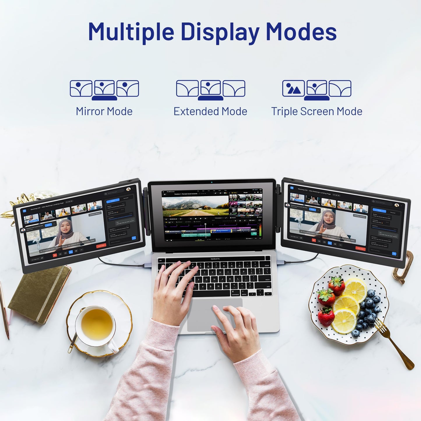 domyfan 14" Laptop Screen Extender, S3 FHD 1080P IPS Triple Portable Monitor Laptop, HDMI/USB-A/Type-C Plug and Play, Compatible with Windows/Mac/Android/Chrome/Switch/PS5