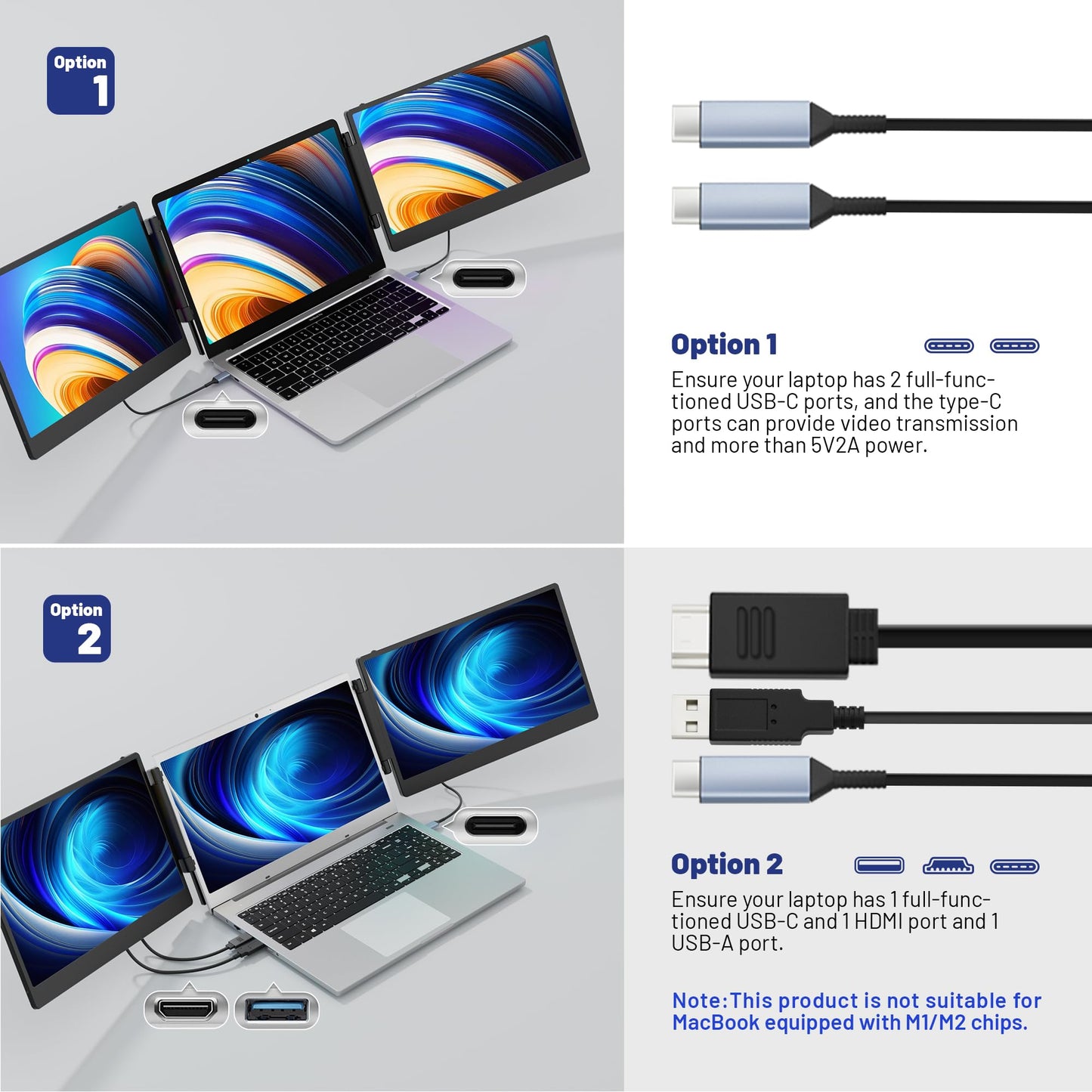 domyfan 14" Laptop Screen Extender, S3 FHD 1080P IPS Triple Portable Monitor Laptop, HDMI/USB-A/Type-C Plug and Play, Compatible with Windows/Mac/Android/Chrome/Switch/PS5